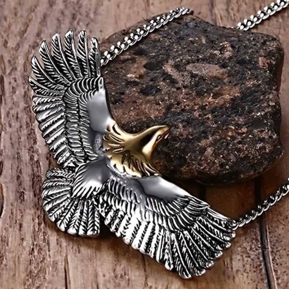 Stainless Steel Soaring Eagle Silver and Gold Necklace